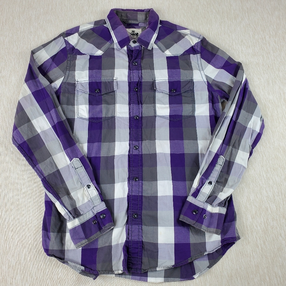 Express Shirt Men's Medium Purple Plaid Western Pearl Snap Country Rodeo Preppy